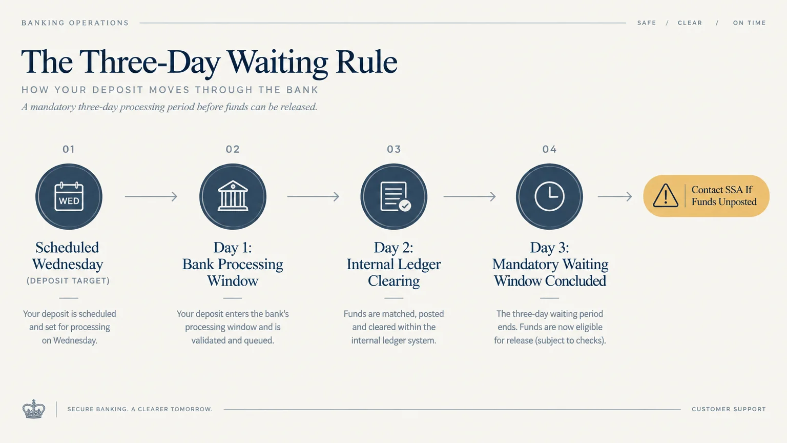 Flowchart illustrating the three-day waiting rule, from scheduled Wednesday deposit to contacting the SSA if unposted.