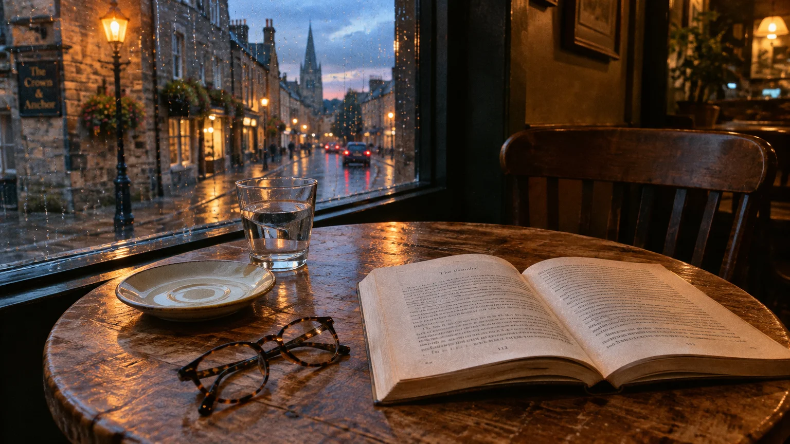 Open book, eyeglasses, empty saucer, and glass of water on a wooden table beside a rain-streaked window overlooking a street.