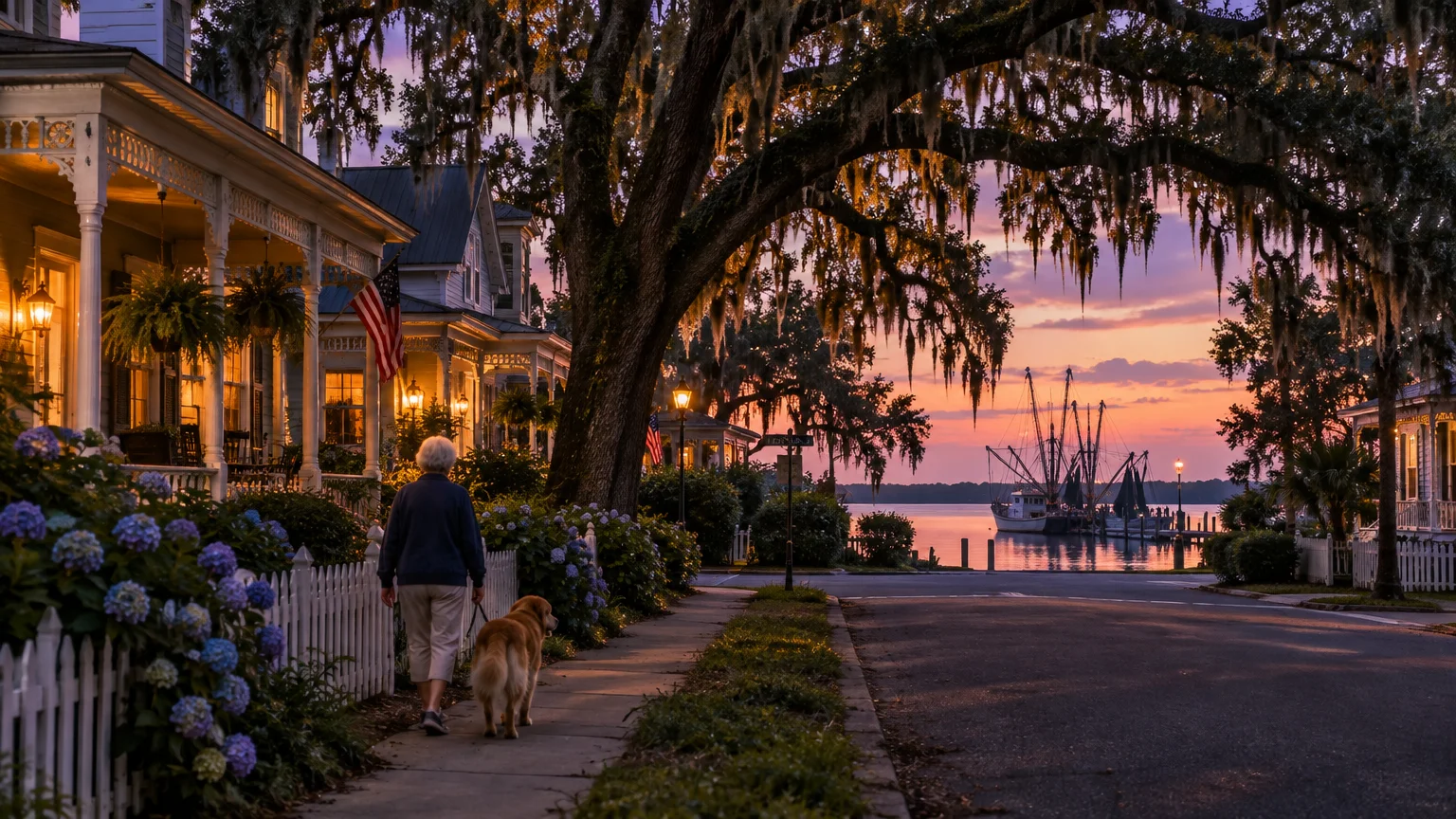 Person walking a dog along a sidewalk lined with historic houses, moss-draped live oaks, and shrimp boats at sunset.
