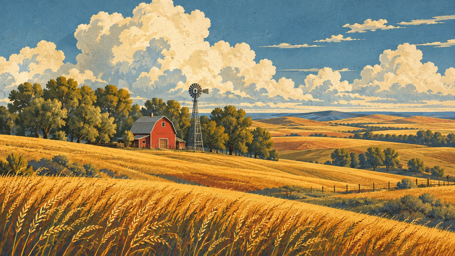 Illustration of rolling golden wheat fields with a red barn, windmill, and distant hills under a cloudy blue sky.