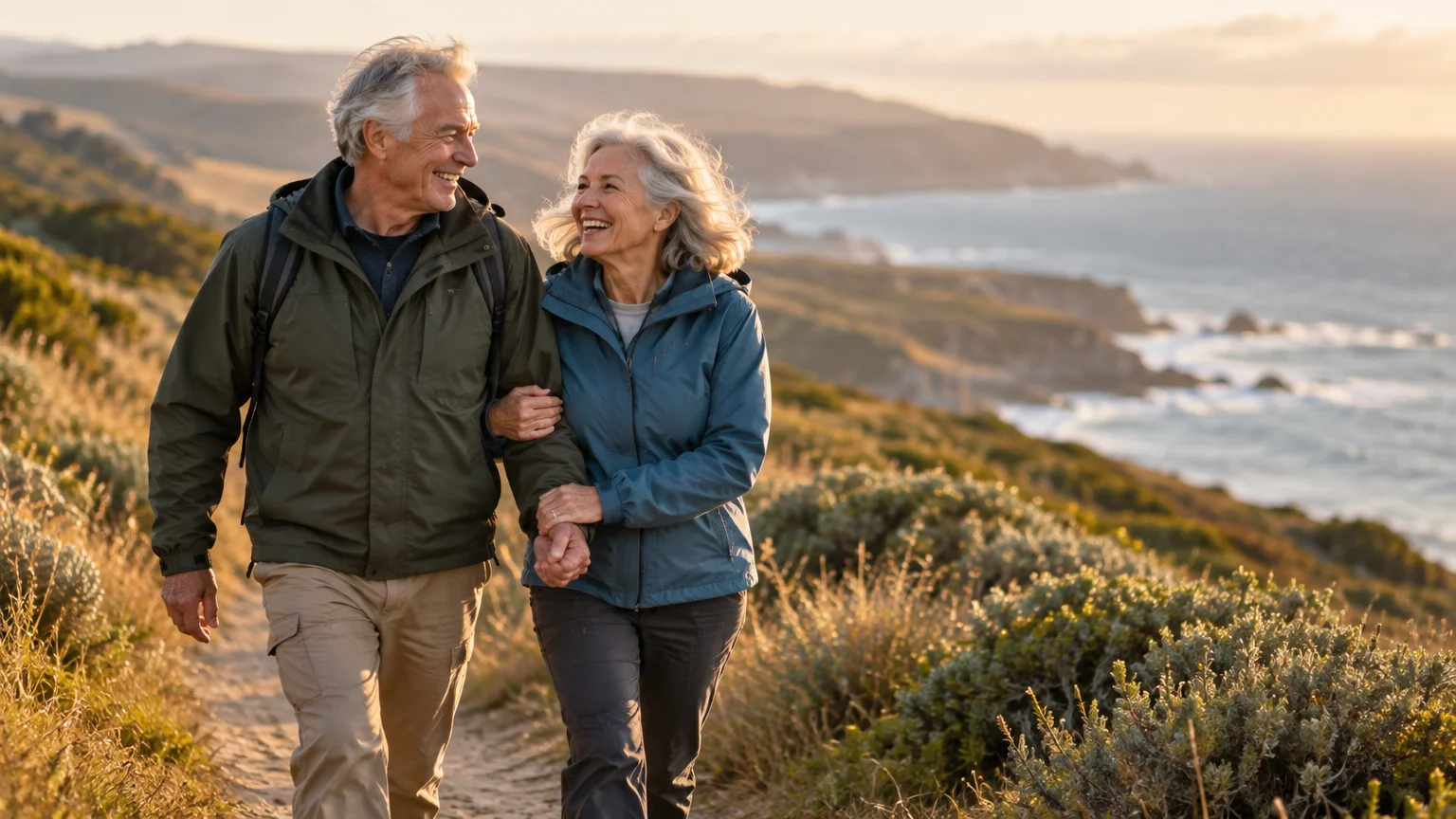 Smiling senior couple walking arm-in-arm along a coastal hiking trail overlooking the ocean at sunset.