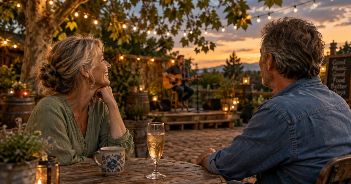 A senior couple sits at a rustic outdoor patio table at sunset listening to an acoustic guitarist perform on stage.