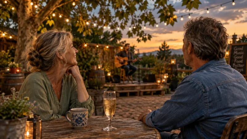 A senior couple sits at a rustic outdoor patio table at sunset listening to an acoustic guitarist perform on stage.