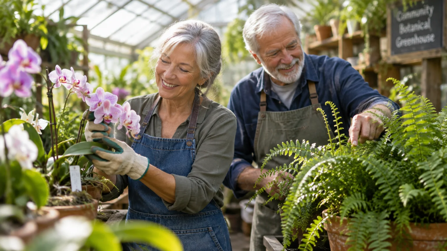 Senior couple smiling while tending potted orchids and ferns inside a sunlit greenhouse.