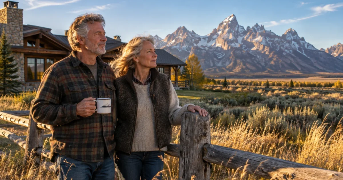 Senior couple standing by a rustic wooden fence outside a log cabin, looking toward snow-capped mountains.