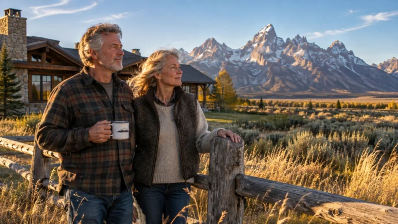 Senior couple standing by a rustic wooden fence outside a log cabin, looking toward snow-capped mountains.
