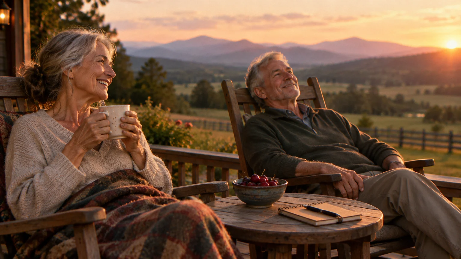 A senior man and woman relax on wooden rocking chairs on a porch at sunset, looking out at rolling hills.