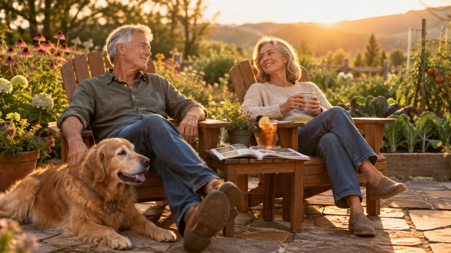 Mature couple relaxing on wooden chairs in a sunny garden patio beside their golden retriever.