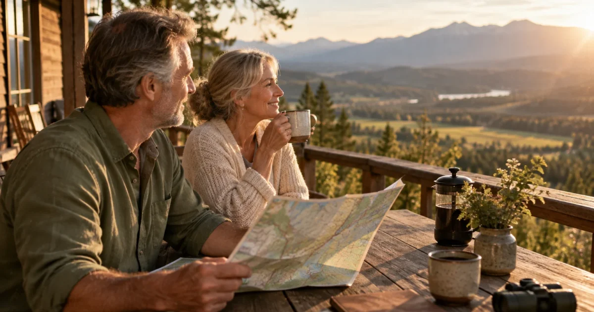 Mature couple sitting on a wooden cabin balcony overlooking scenic mountains at sunset, holding coffee and a map.