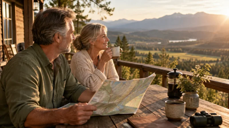 Mature couple sitting on a wooden cabin balcony overlooking scenic mountains at sunset, holding coffee and a map.