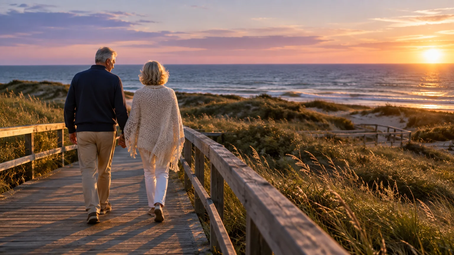 Older couple holding hands and walking down a wooden boardwalk toward a scenic beach sunset over the ocean.
