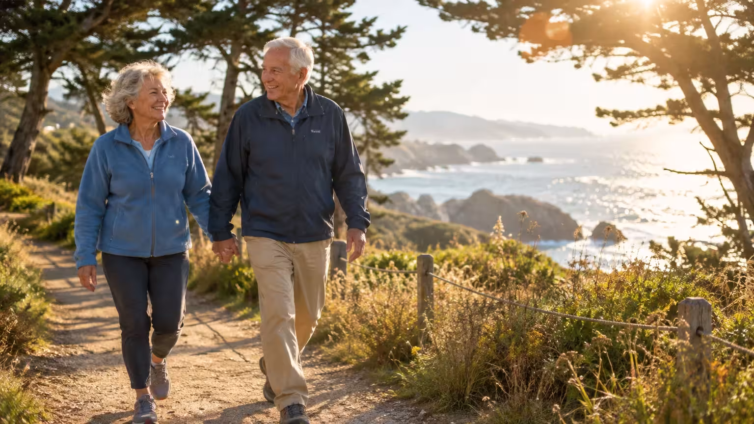 Senior man and woman holding hands while walking along a sunny coastal path overlooking the ocean.