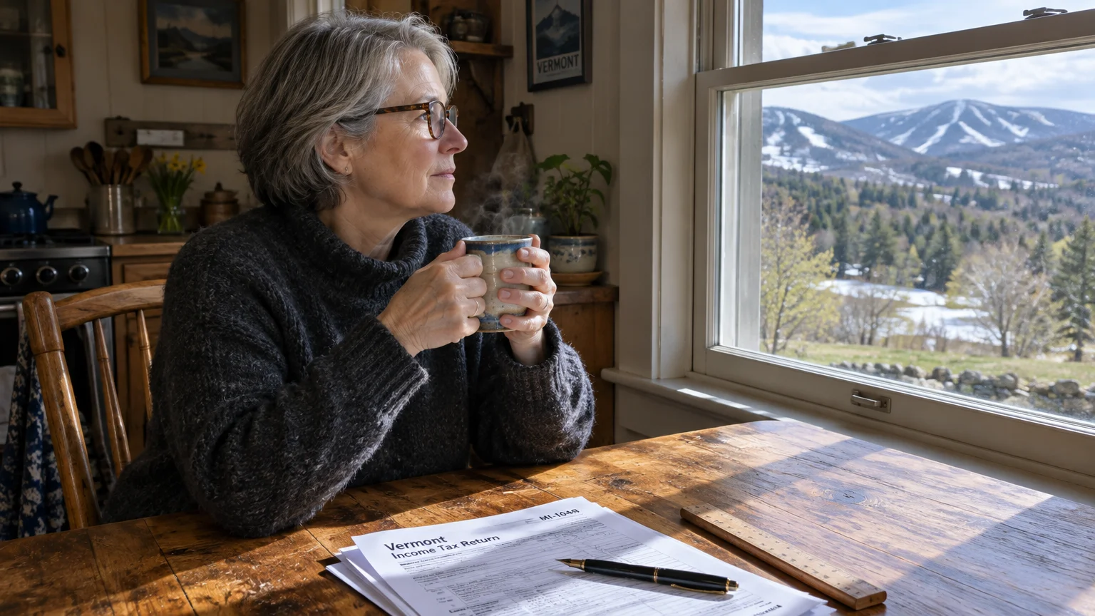 Woman holding a mug at a wooden table looking out a window at mountains, beside a Vermont tax return document.