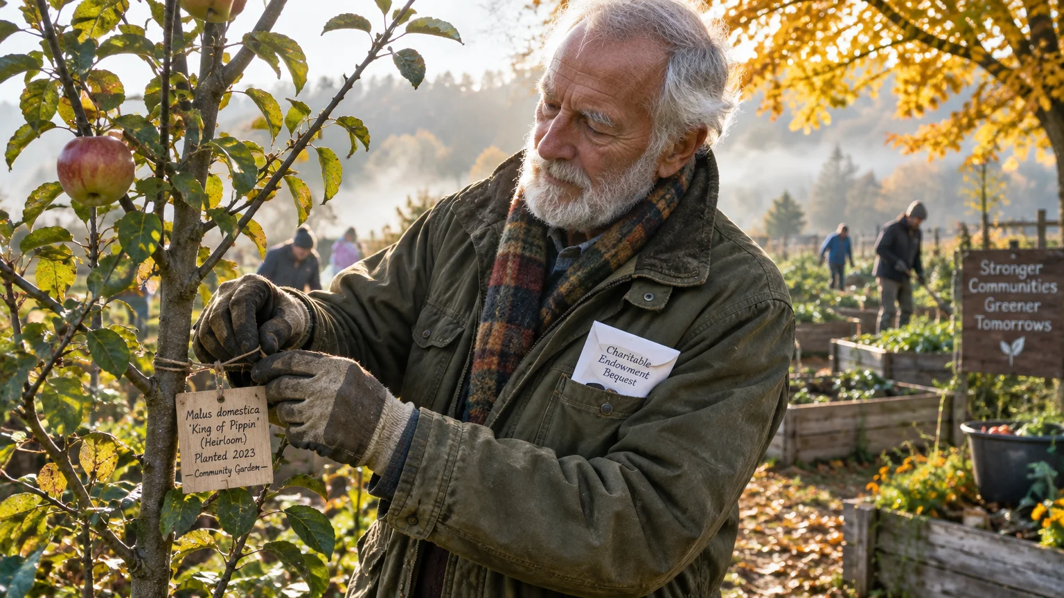 Senior man attaching a wooden label to an apple tree in a sunny community garden with raised planter beds.
