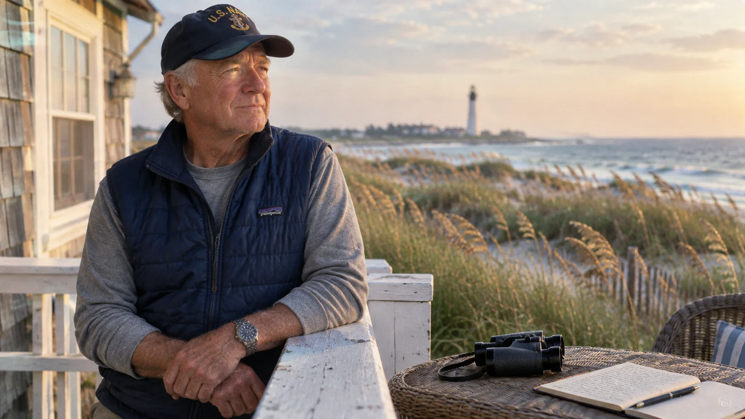Man in a navy cap leaning on a porch railing overlooking a sandy beach, ocean, and distant lighthouse.