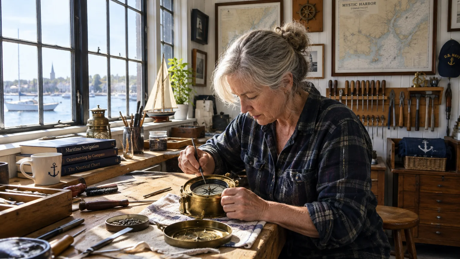A woman repairs a brass maritime compass at a sunny wooden workbench overlooking a harbor with sailboats.