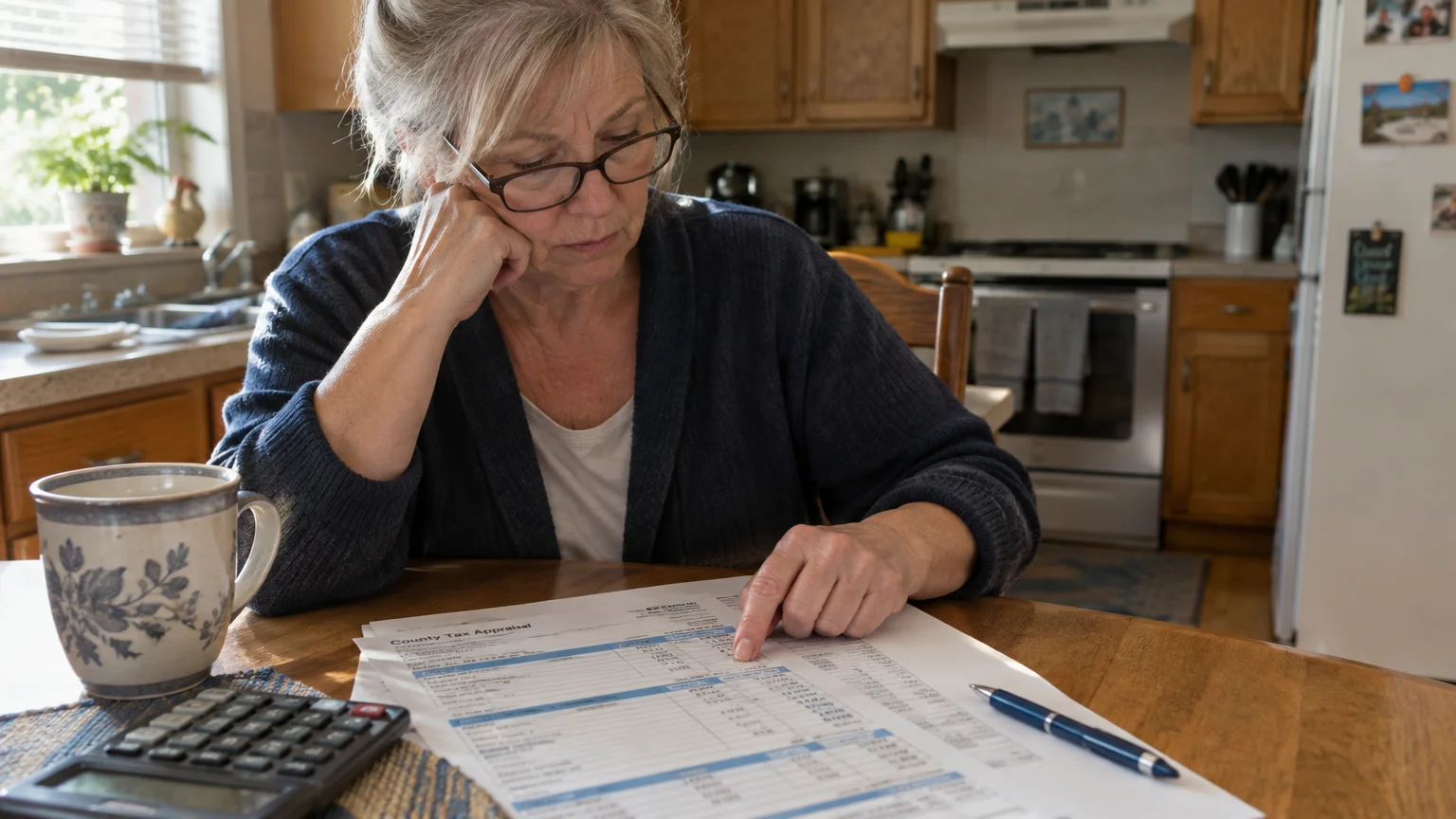 A woman with glasses looks stressed while reviewing a county tax appraisal document at a kitchen table.