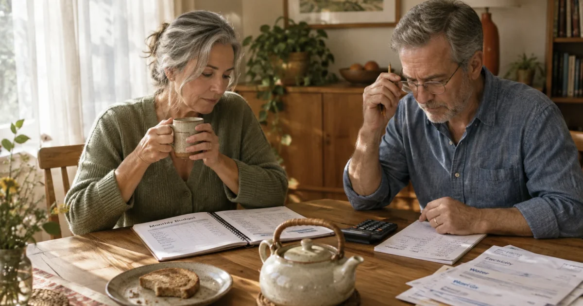 Senior couple sitting at a wooden dining table reviewing bills, a monthly budget planner, and using a calculator.