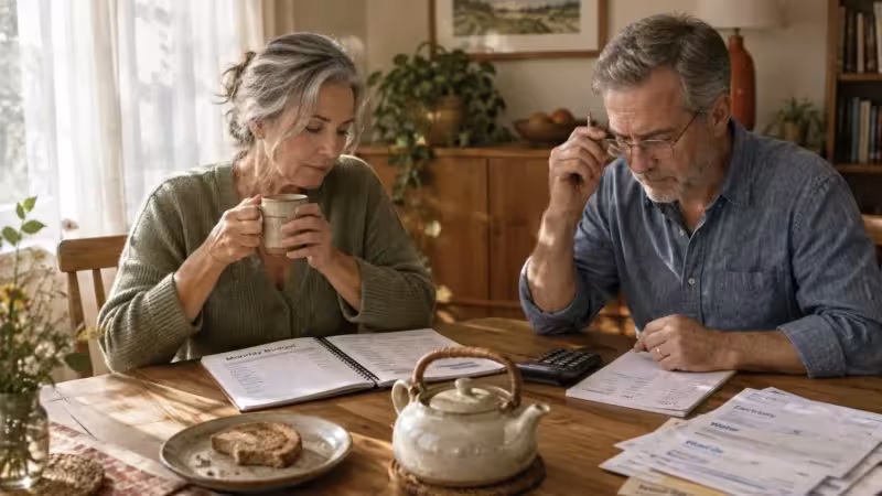 Senior couple sitting at a wooden dining table reviewing bills, a monthly budget planner, and using a calculator.