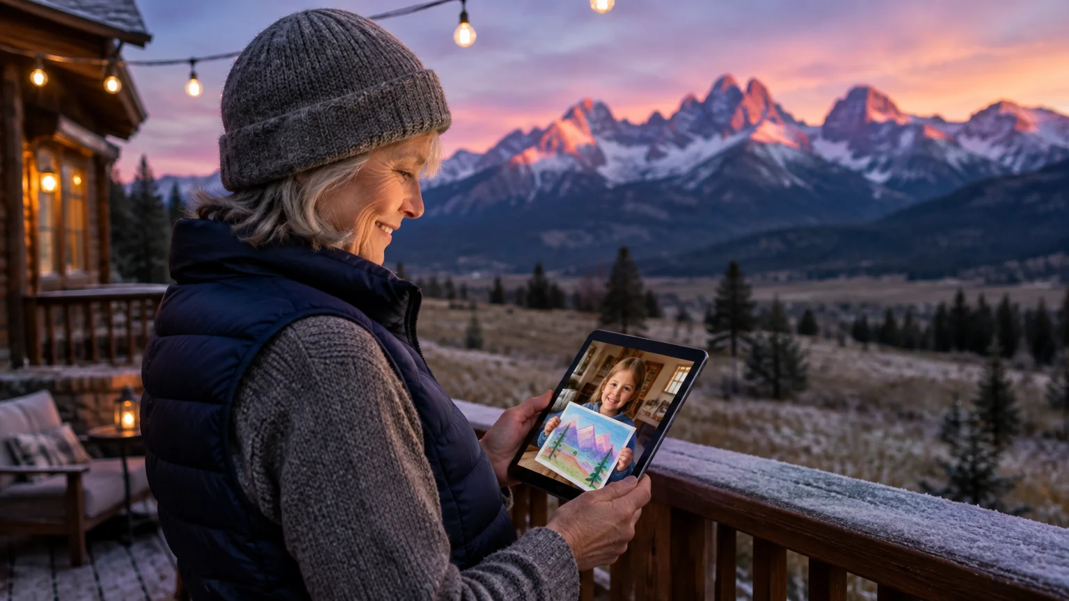 Woman on a cabin porch at sunset video chatting on a tablet with a smiling girl holding a drawing, with mountains behind.