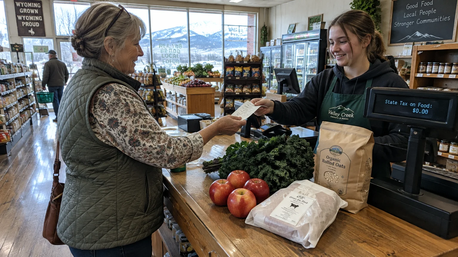 A cashier hands a receipt to an older woman at a grocery counter displaying apples, kale, rolled oats, and a register screen.