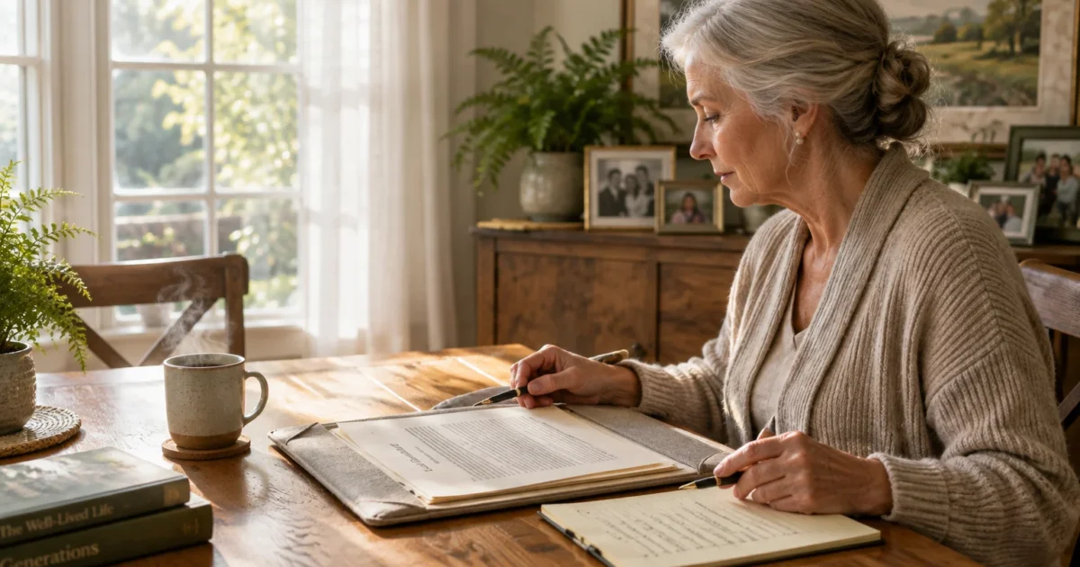 Senior woman with gray hair in an updo reviewing paperwork with a pen at a wooden table beside a window.