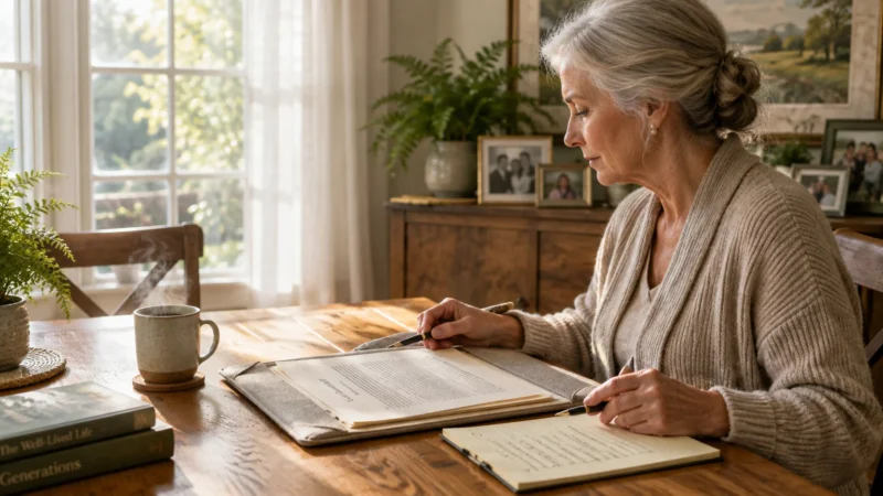 Senior woman with gray hair in an updo reviewing paperwork with a pen at a wooden table beside a window.