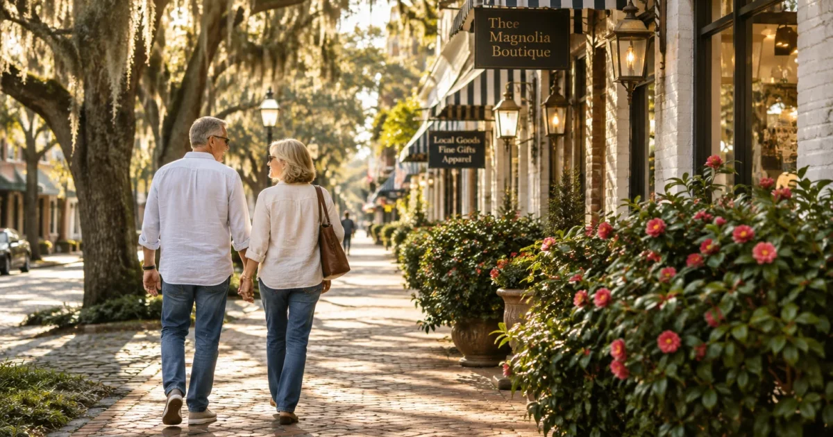 An older couple walks hand in hand down a sunny brick sidewalk lined with boutique shops and flowering bushes.