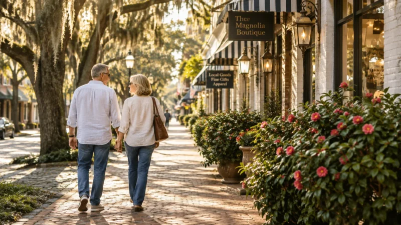 An older couple walks hand in hand down a sunny brick sidewalk lined with boutique shops and flowering bushes.