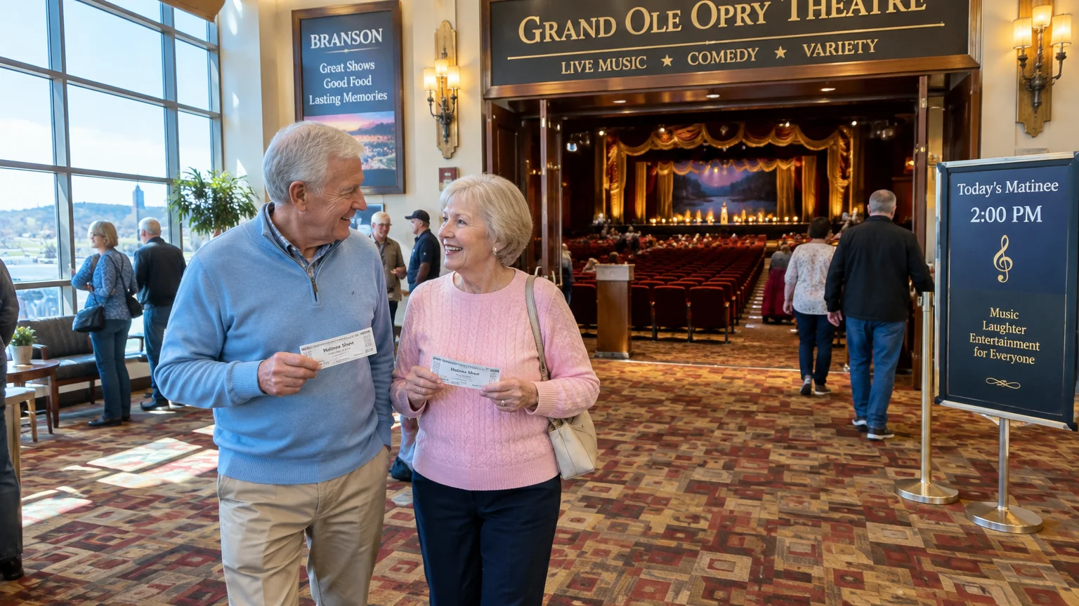 Older couple holding tickets smiles inside a theater lobby near a sign reading Today's Matinee 2:00 PM.