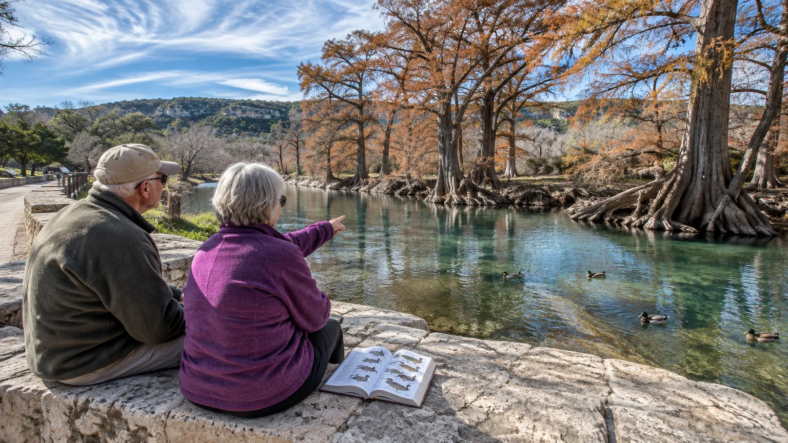 Older couple sitting by a stone river wall with a bird book, watching ducks swimming past cypress trees.