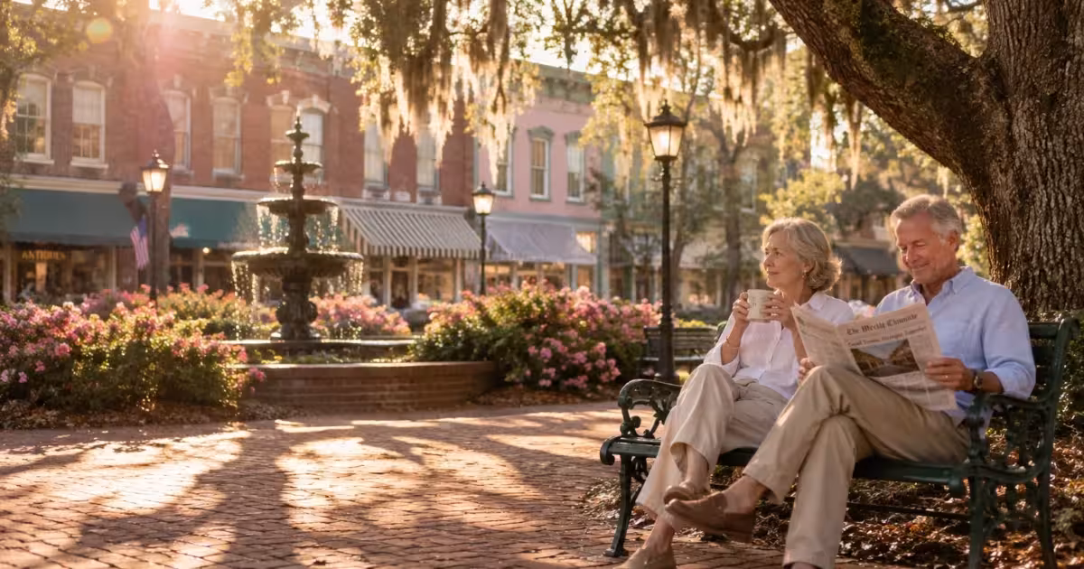 Senior couple sitting on a park bench reading a newspaper in a sunny Southern town square with a fountain.