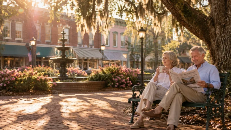 Senior couple sitting on a park bench reading a newspaper in a sunny Southern town square with a fountain.