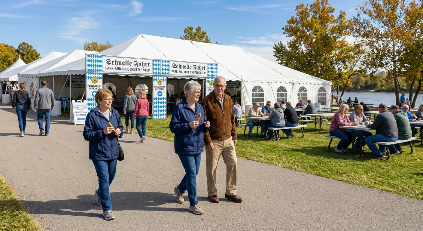 People walk along a paved path past large festival tents, outdoor picnic tables, and a shuttle stop near a river.