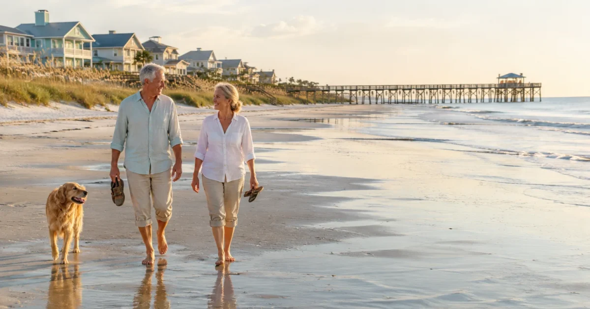 Mature couple walks barefoot with a dog along a sandy ocean shore near beach houses and a wooden pier.
