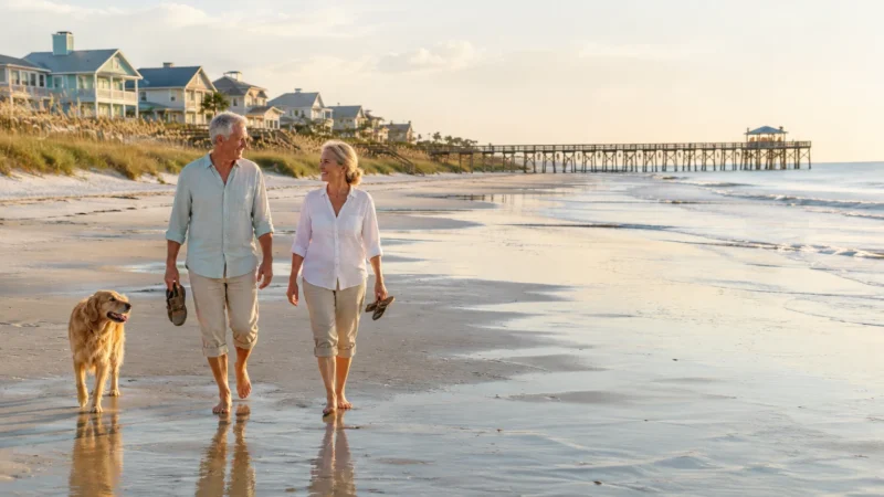Mature couple walks barefoot with a dog along a sandy ocean shore near beach houses and a wooden pier.