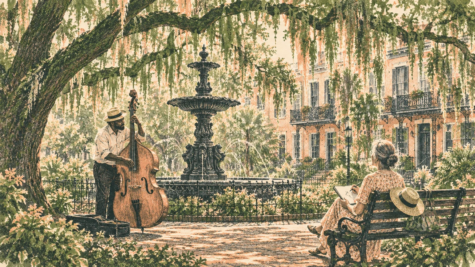 Illustration of a man playing a double bass by a park fountain under mossy oaks as a woman sketches on a bench.
