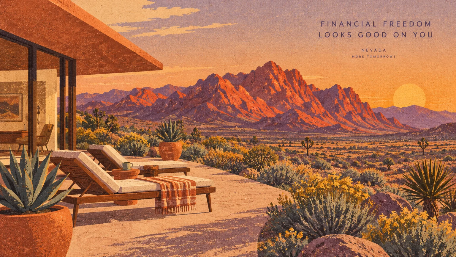 Illustration of a mid-century modern desert patio with lounge chairs looking out toward red mountains and setting sun.