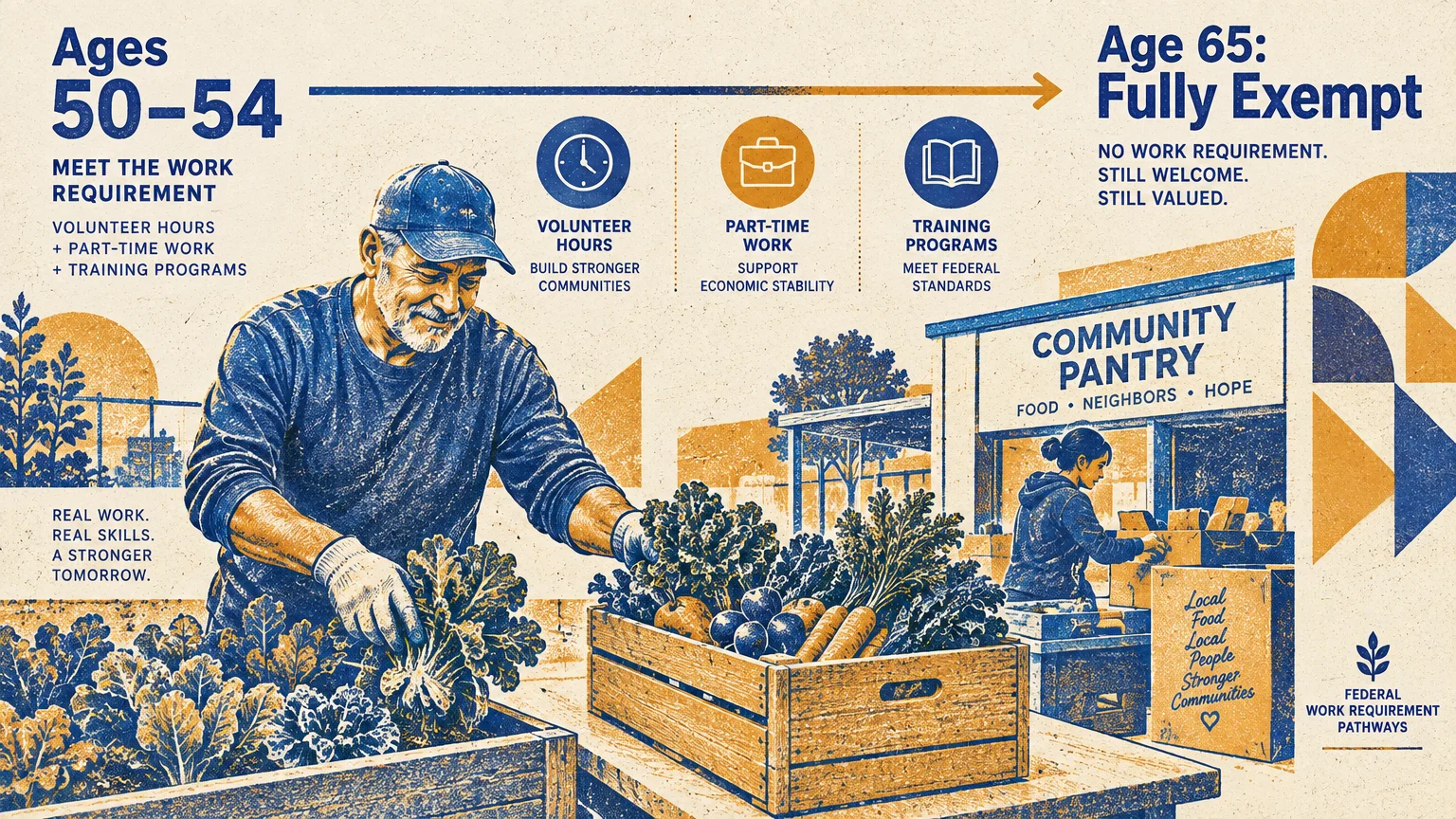 Illustration of people volunteering at a garden and food pantry alongside text about work requirements and age exemptions.