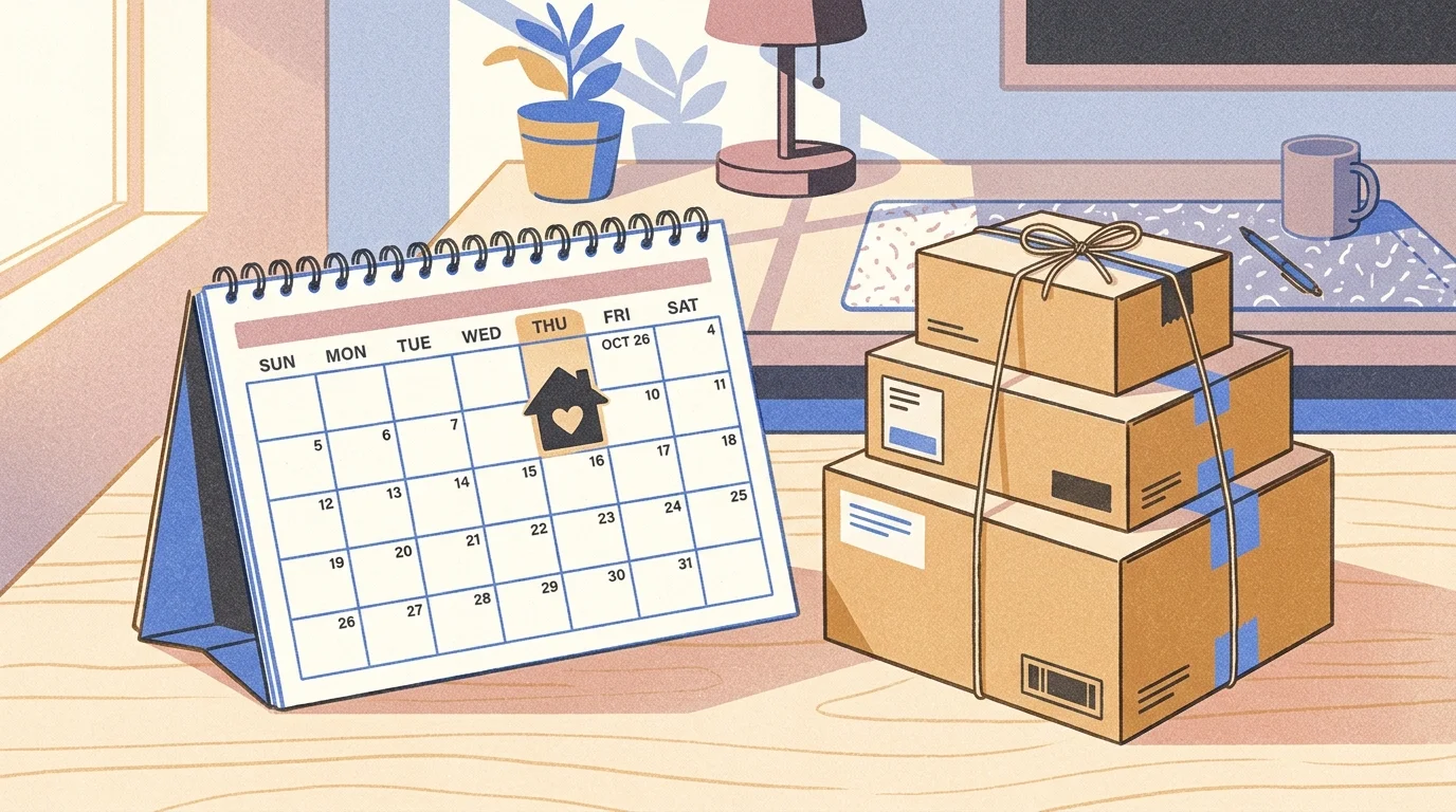 Illustration of a desk calendar highlighting Thursday beside a stack of three cardboard delivery boxes tied with string.