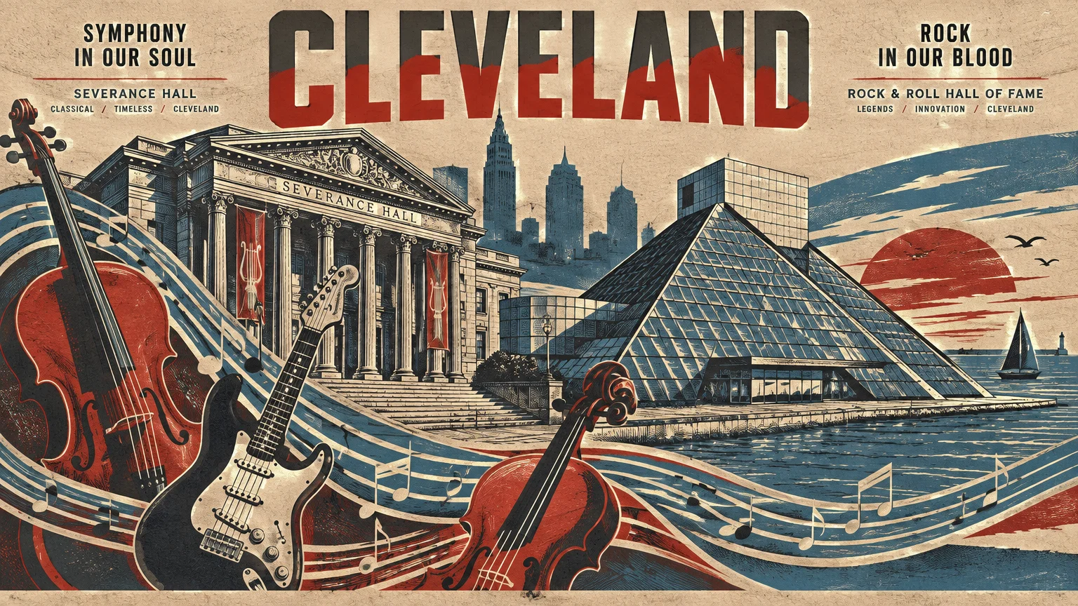 Retro poster of Cleveland featuring Severance Hall, the Rock & Roll Hall of Fame, violins, an electric guitar, and waves.