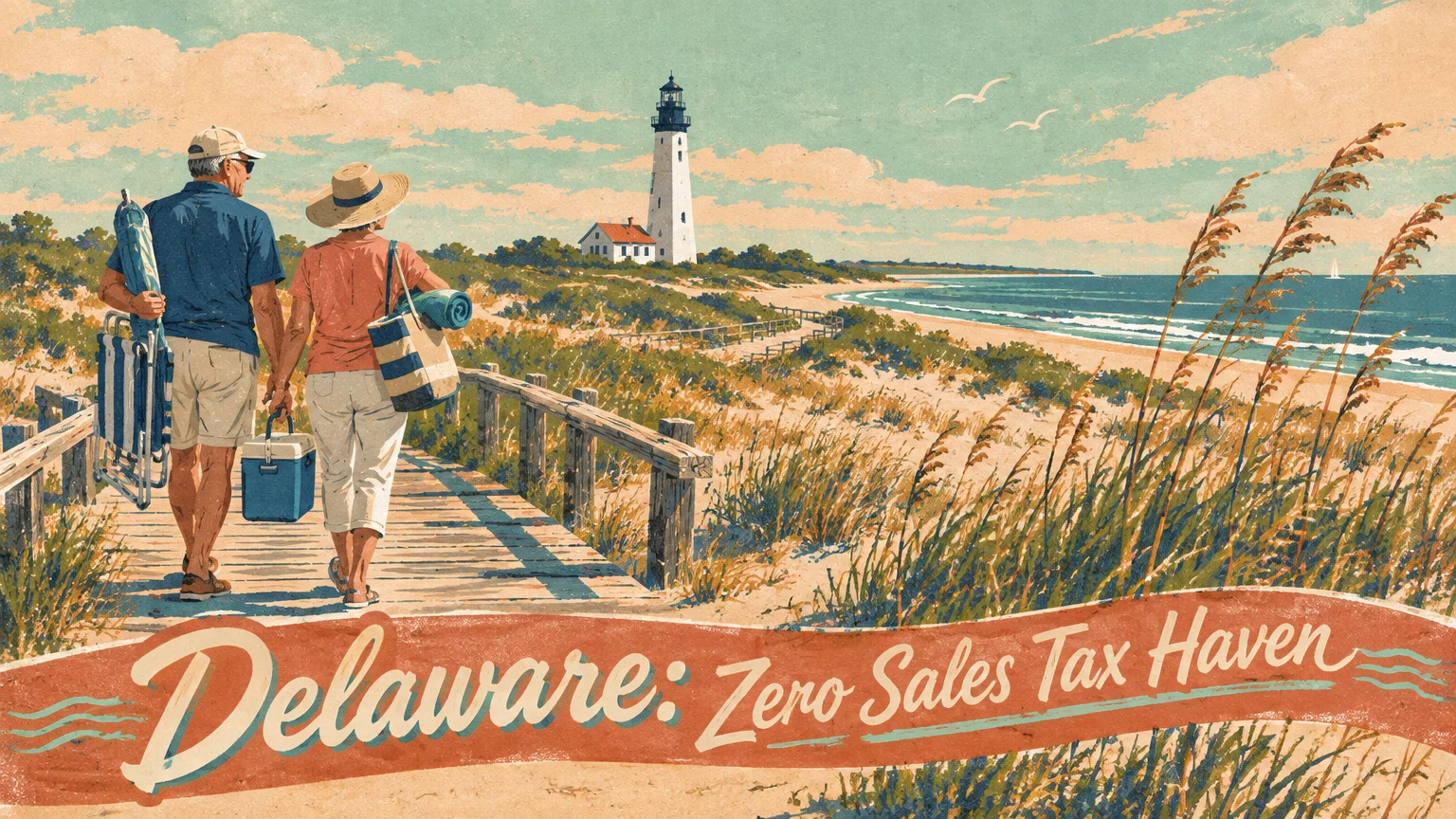 Vintage-style illustration of an older couple walking along a coastal boardwalk toward a beach with a lighthouse.