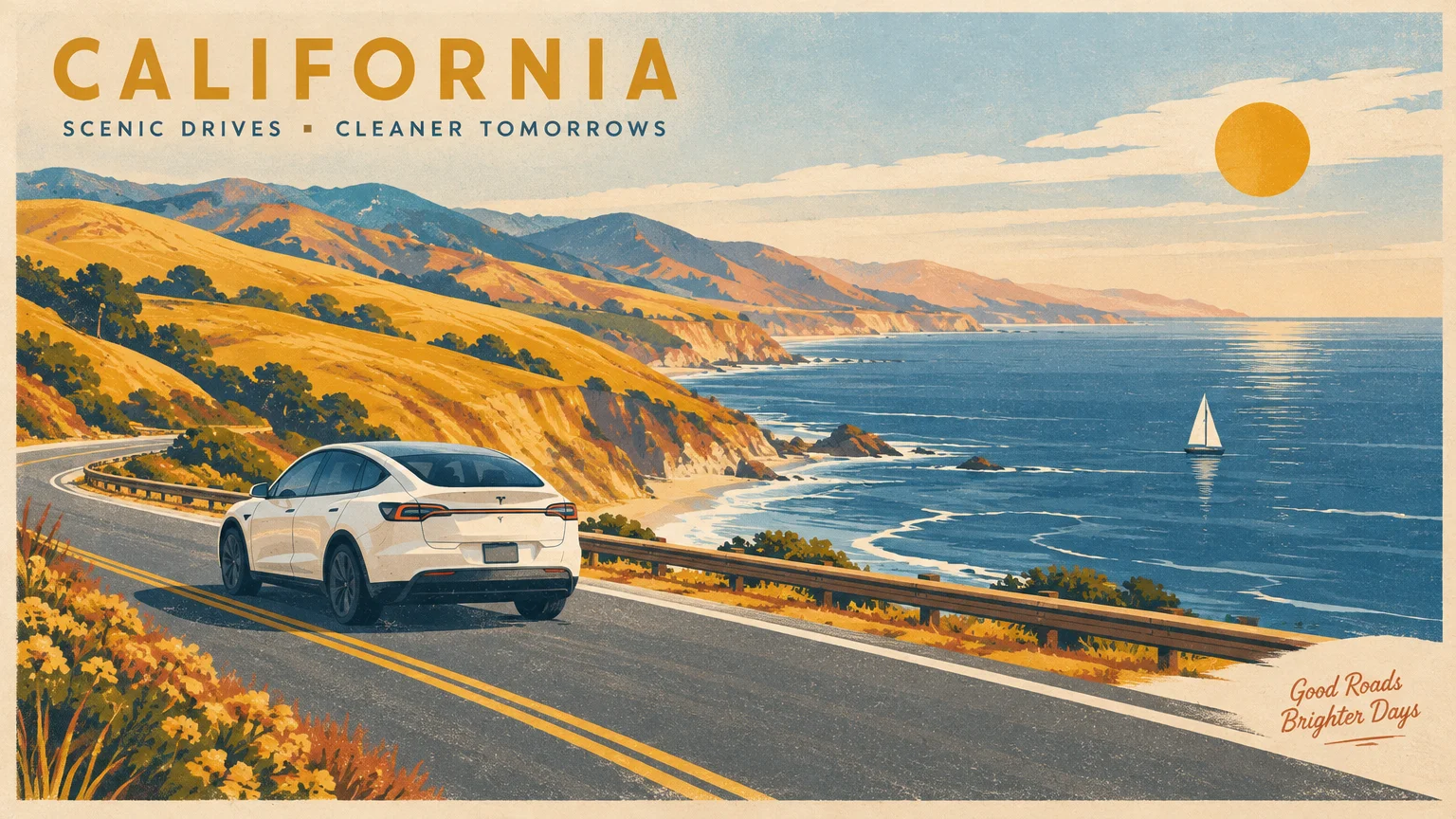 Retro illustration of a white car driving along a coastal highway beside the ocean, hills, and a sailboat.