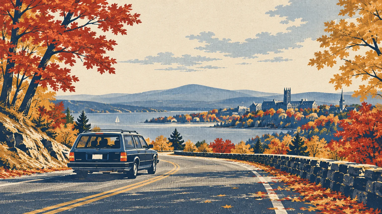 Retro illustration of a blue station wagon driving along an autumn lakeside road toward distant hills and a stone building.