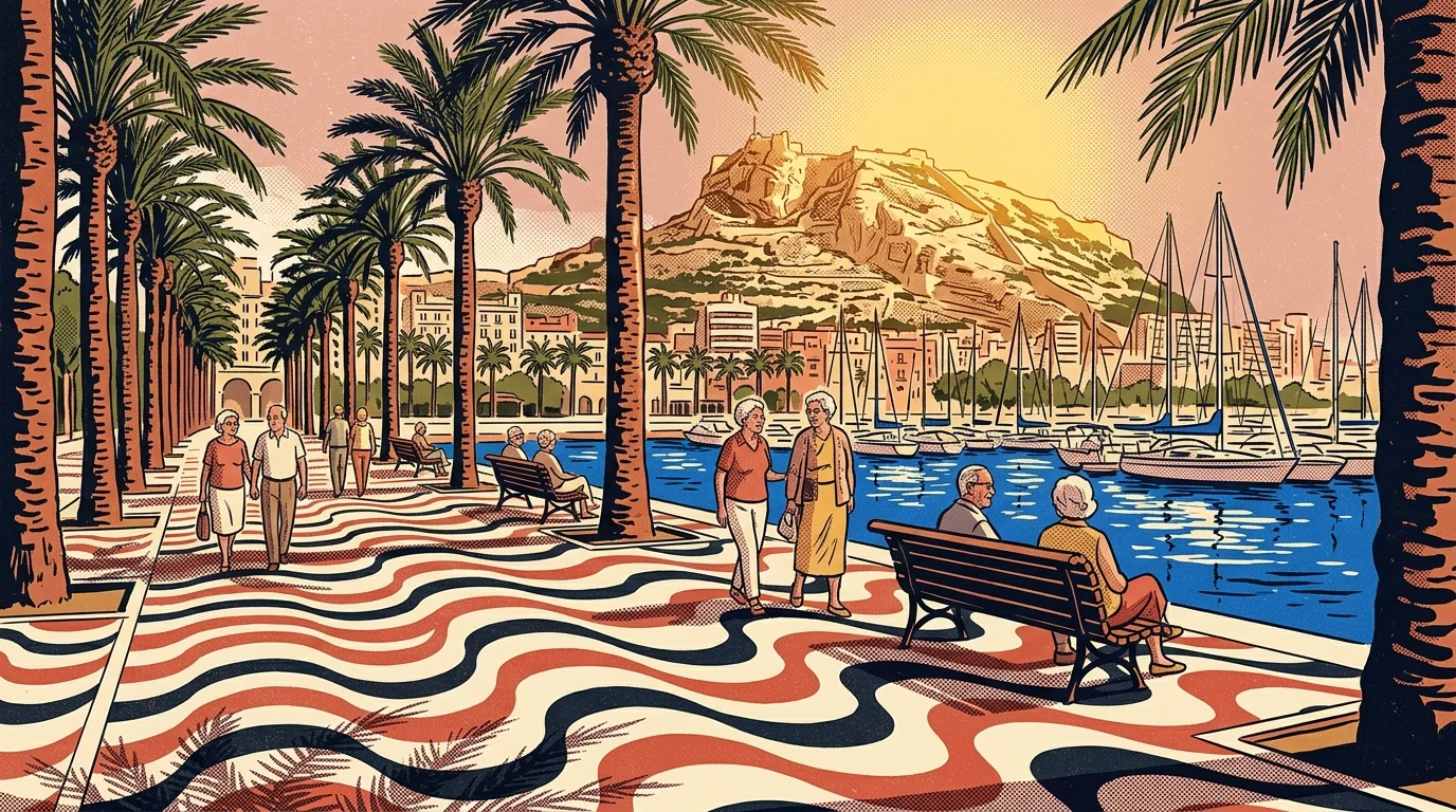 Illustration of seniors strolling along a palm-lined tiled promenade beside a harbor full of sailboats and a coastal mountain.