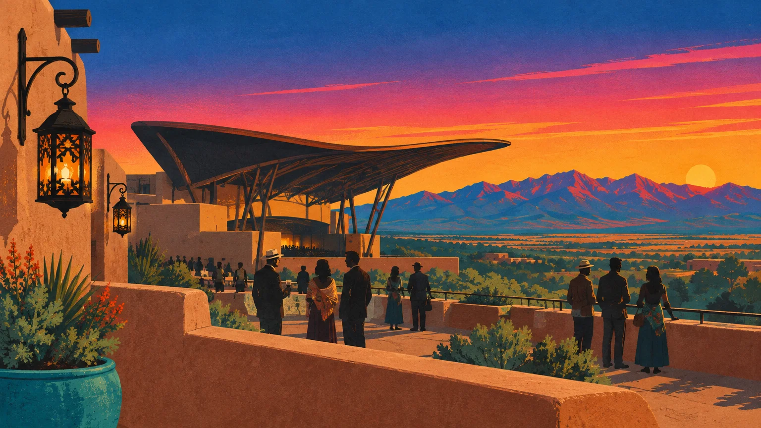People stand on an adobe terrace overlooking an open-air pavilion theater and distant mountains under a colorful sunset.
