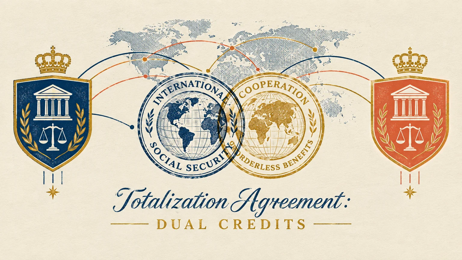 Illustration of two national crests connected across a world map by seals reading international social security cooperation.