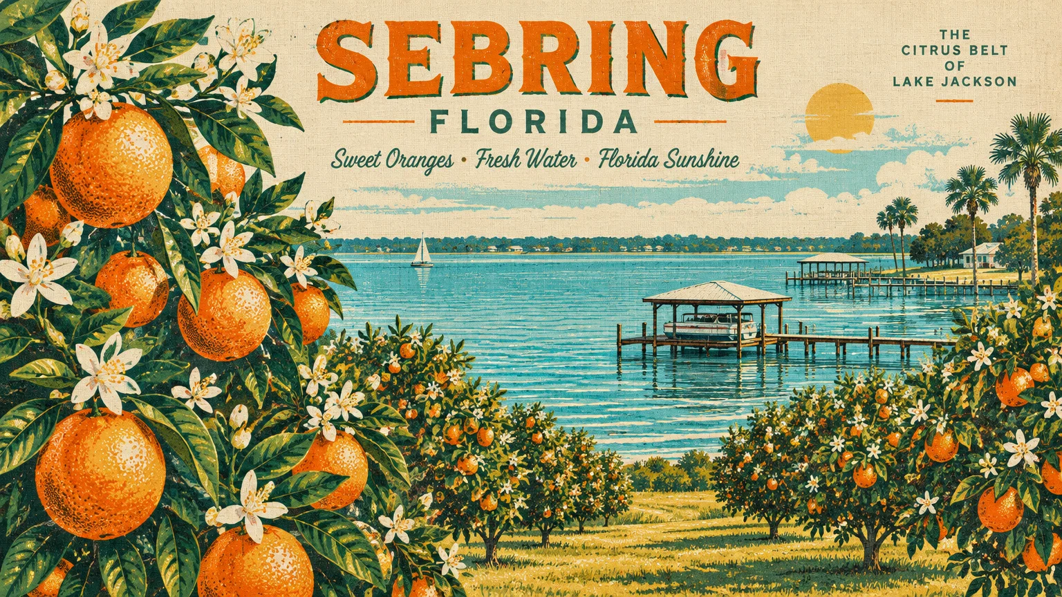 Vintage postcard illustration of orange groves overlooking a calm blue lake with boat docks and palm trees in Sebring, Florida.