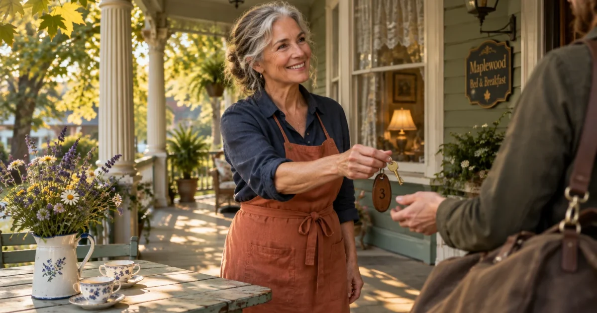 A smiling mature woman in an apron hands room keys to an arriving guest on the front porch of a bed and breakfast.