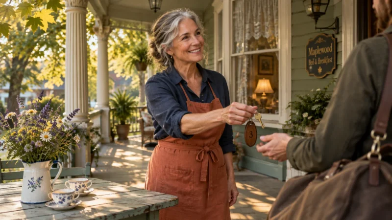 A smiling mature woman in an apron hands room keys to an arriving guest on the front porch of a bed and breakfast.